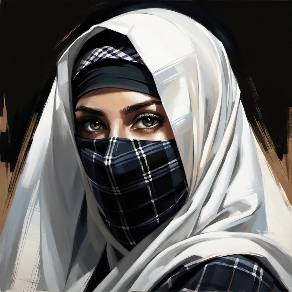 Woman in Plaid Niqab: Hyperrealistic Portrait