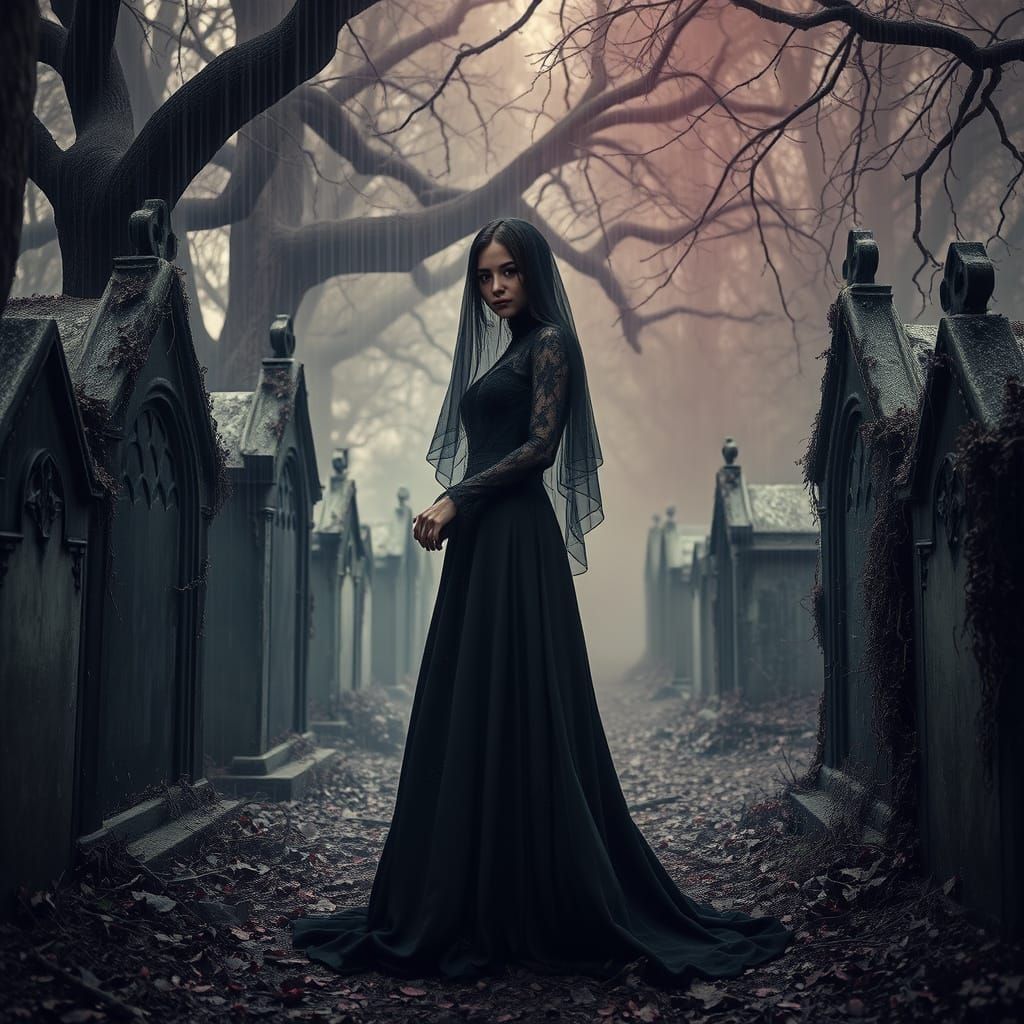 Ethereal Gothic Cemetery Scene with Veiled Mourner