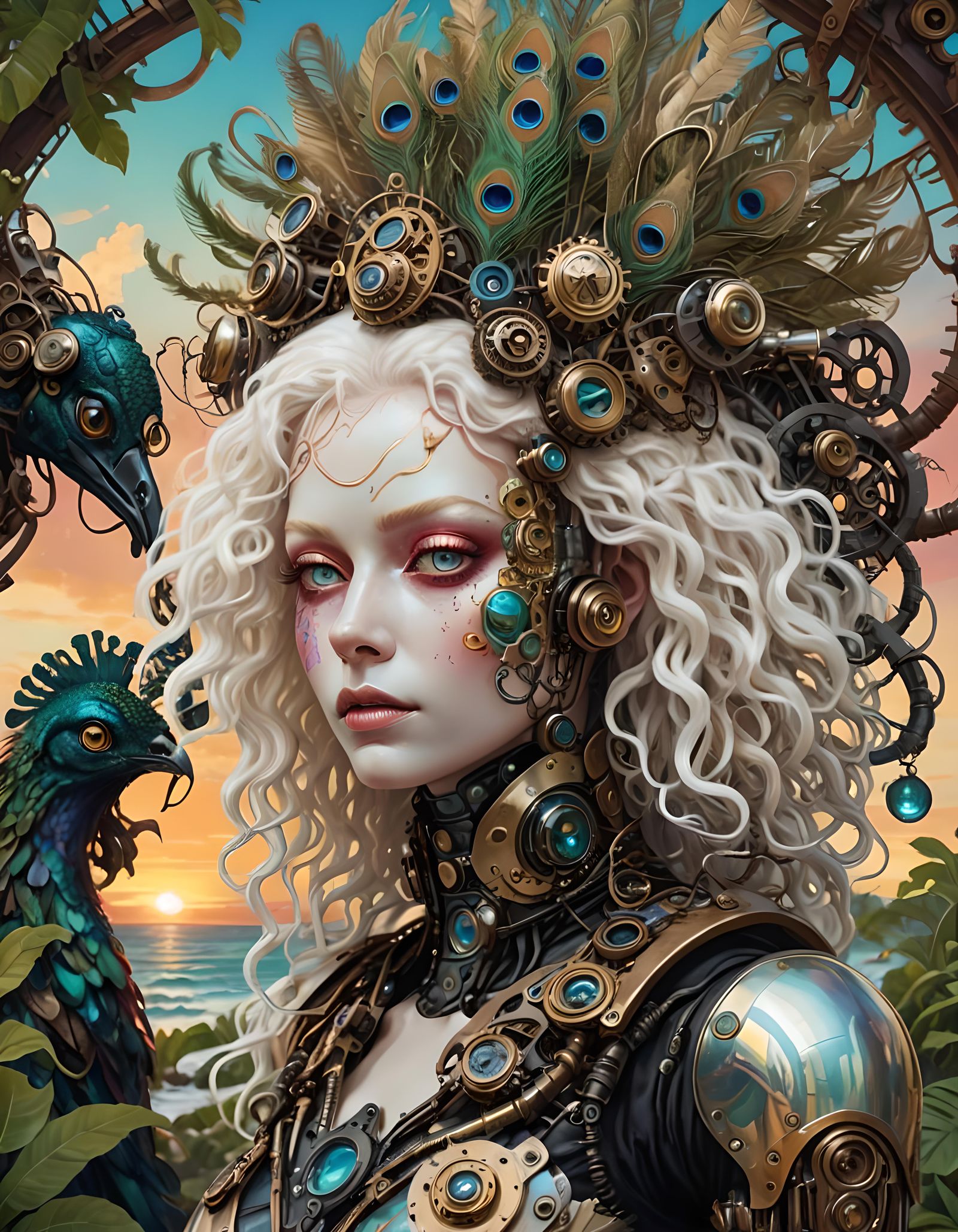Steampunk Cyborg Peacock and Albino Robot Sunset
