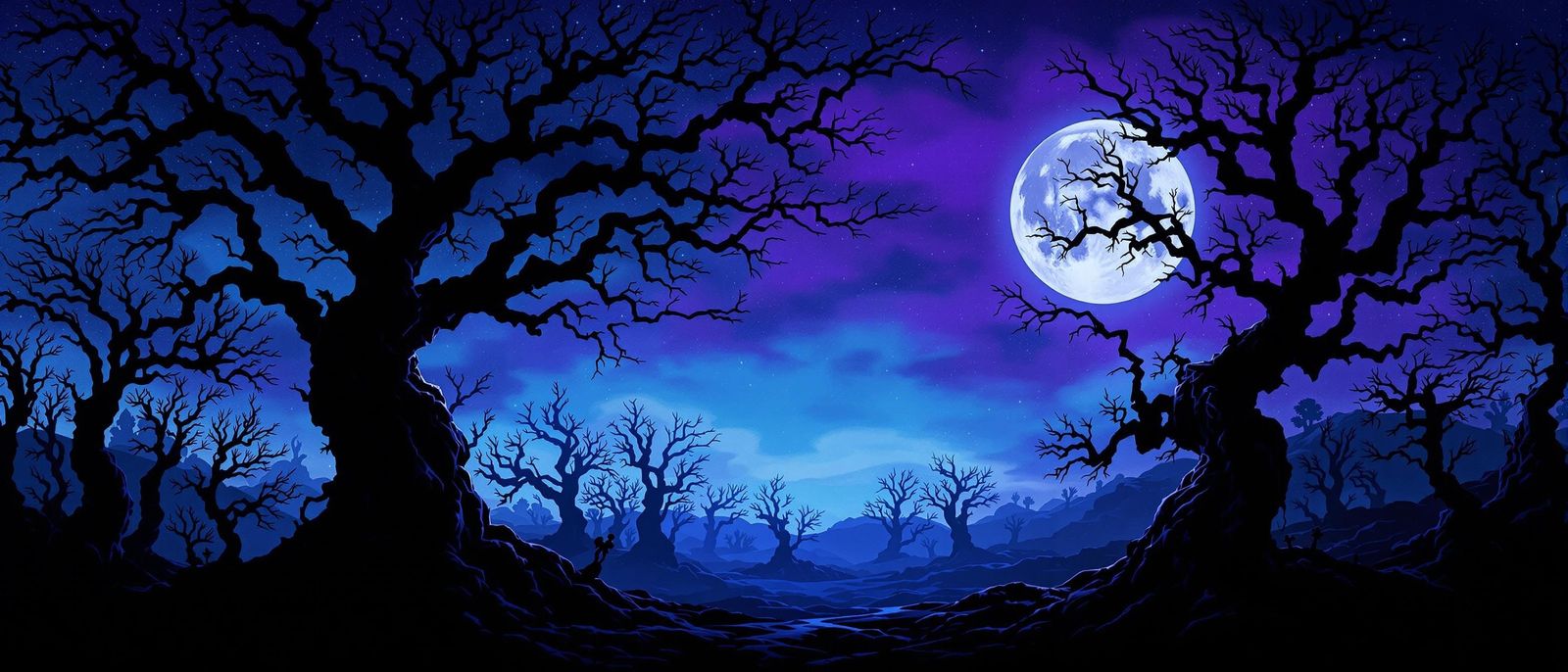 Ethereal Silhouettes in Dreamlike Moonlit Landscape