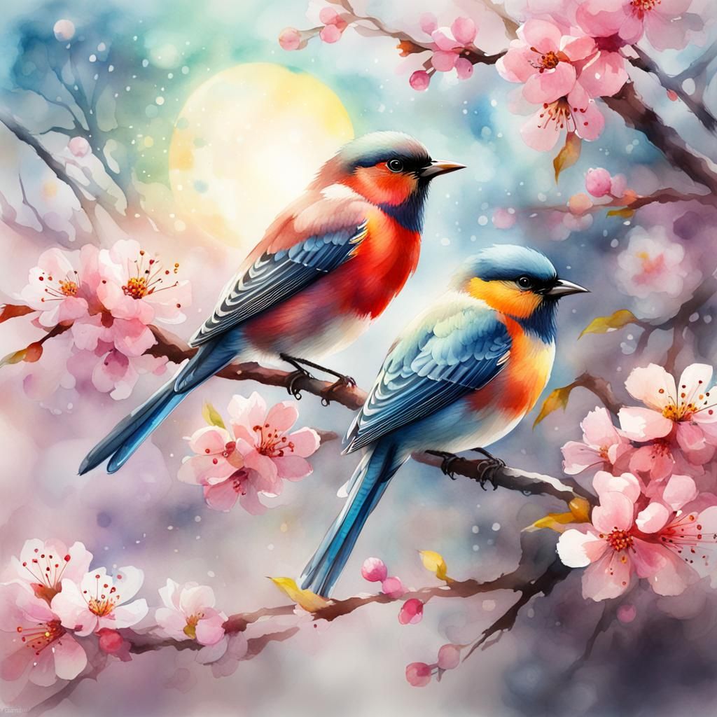 Birds in Cherry Blossom Branch Watercolor Painting