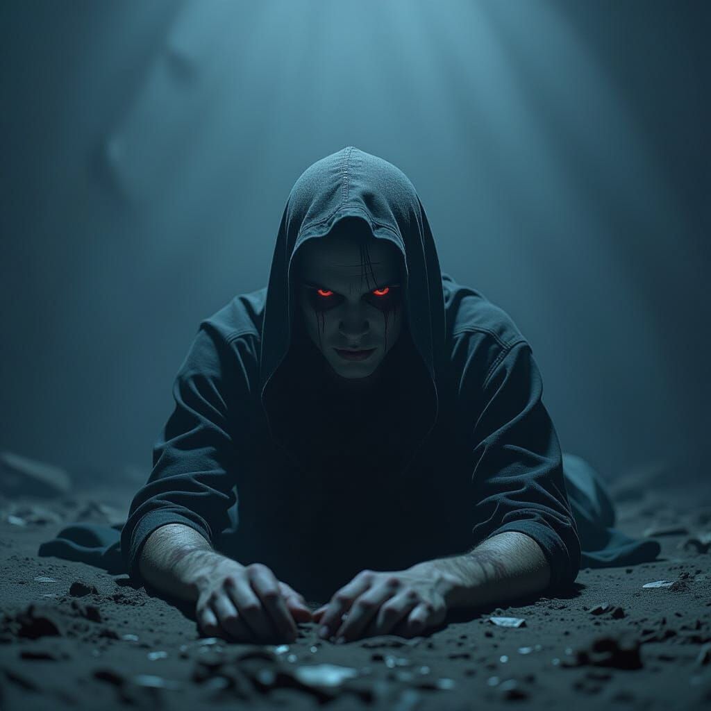 Ominous Figure in Dark Room with Glowing Bruises