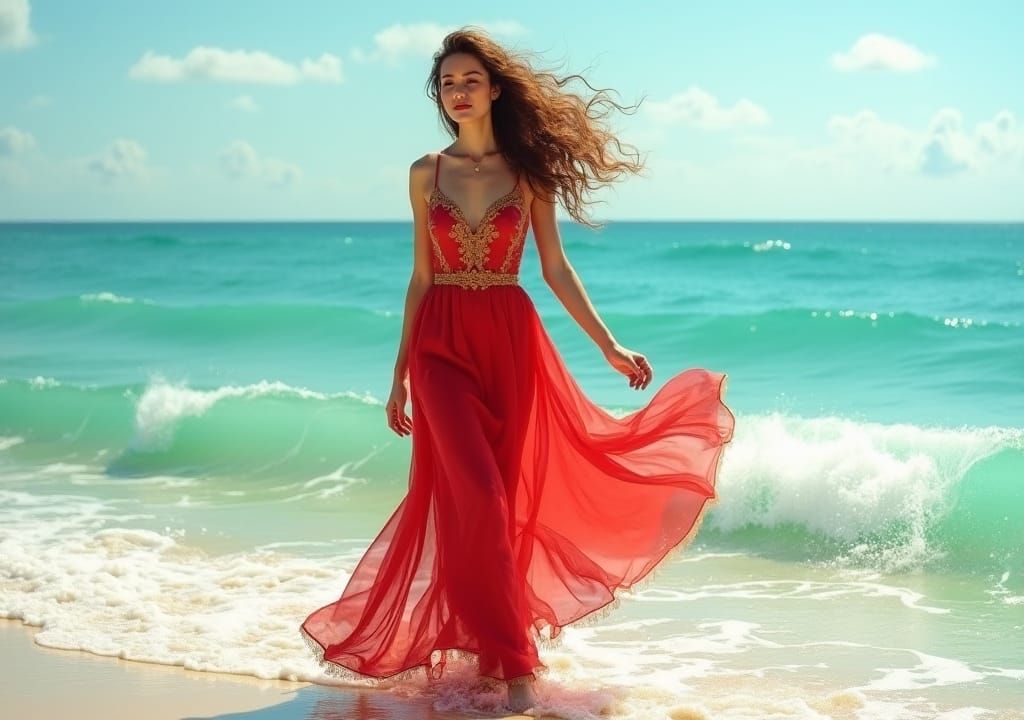 Woman in Red Dress Walking on Water