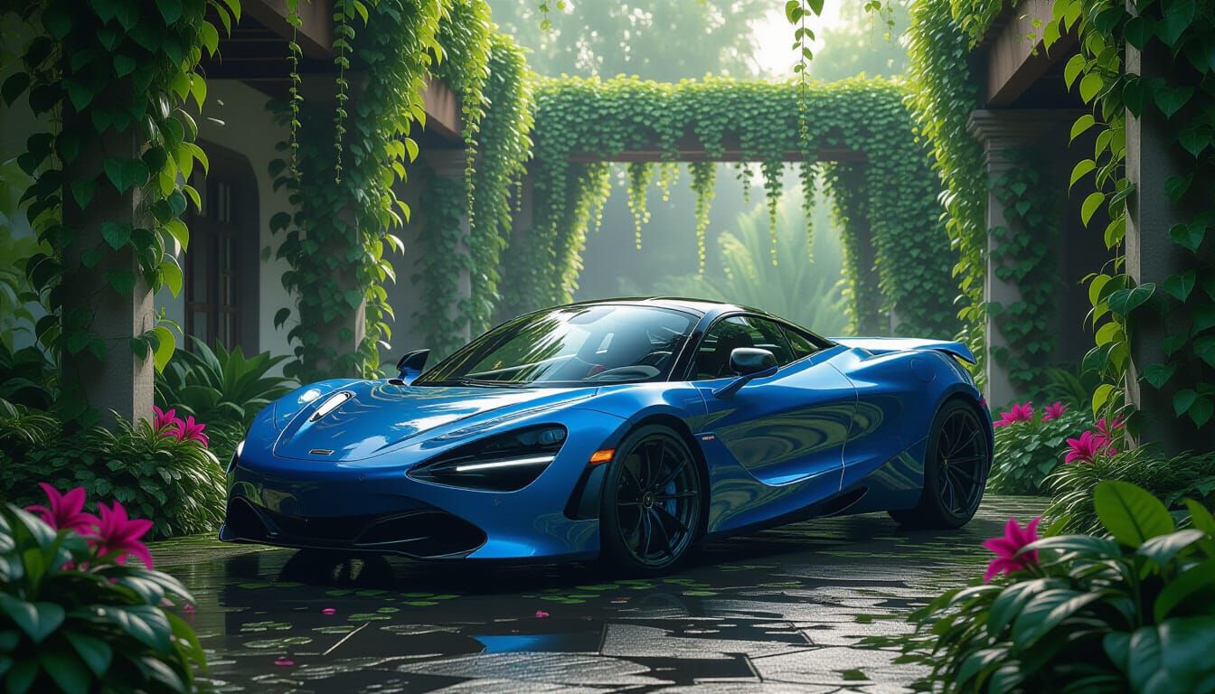 Blue McLaren 720S in Lush Overgrown Garden