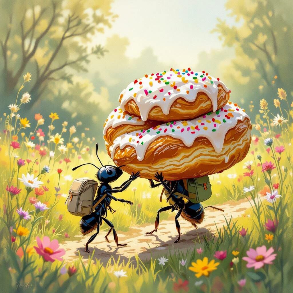 Industrious Ant Carries Giant Danish Pastry Through Meadow