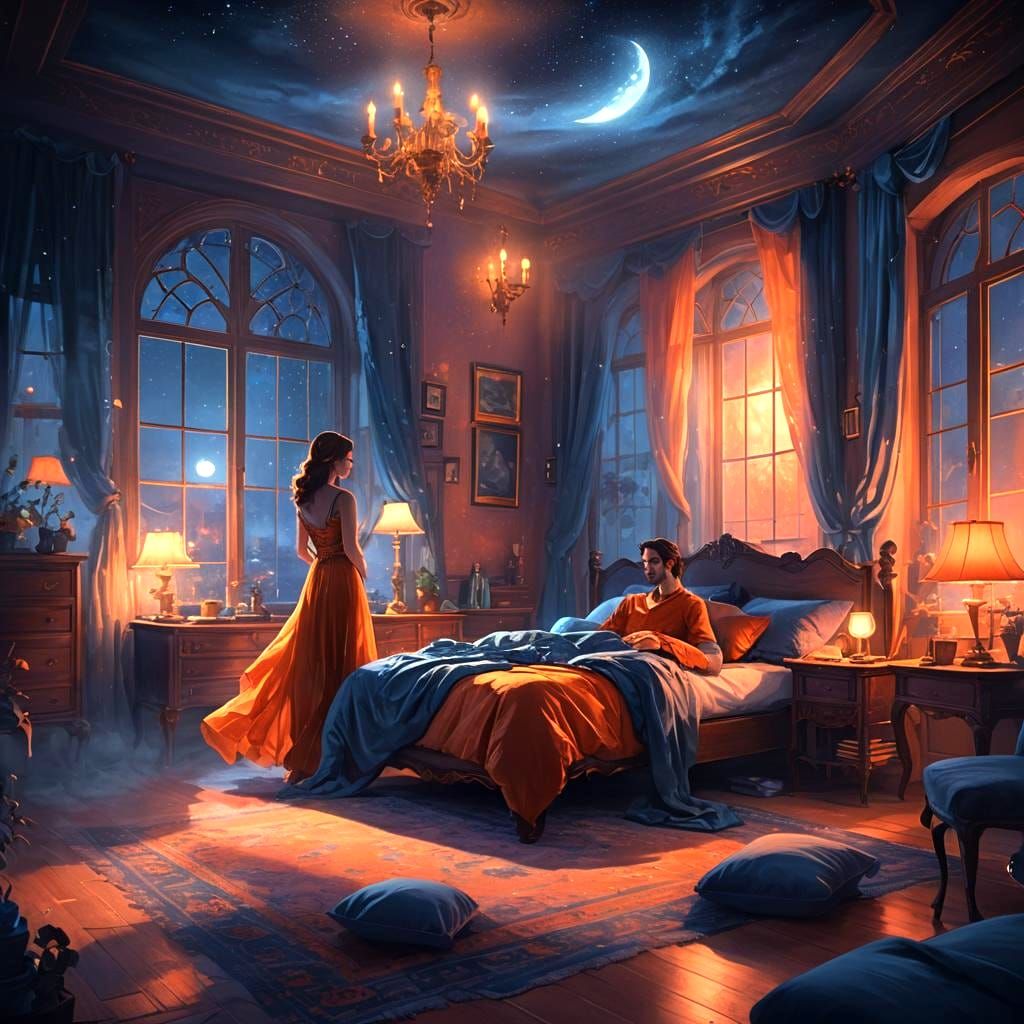 Midnight Bedroom Couple's Playful Teasing: Detailed Digital ...