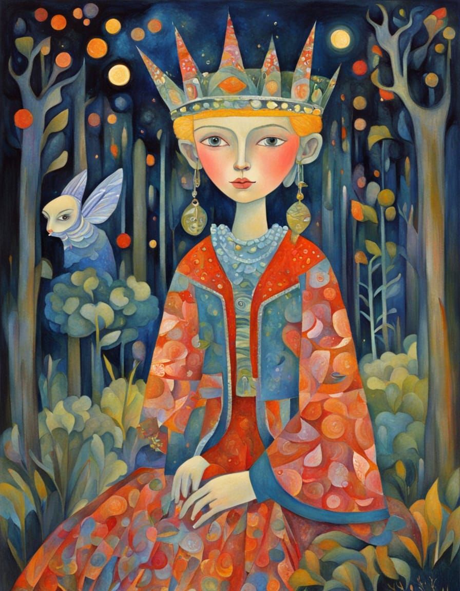 Modern Fairy Queen Portrait in Enchanted Nighttime Forest