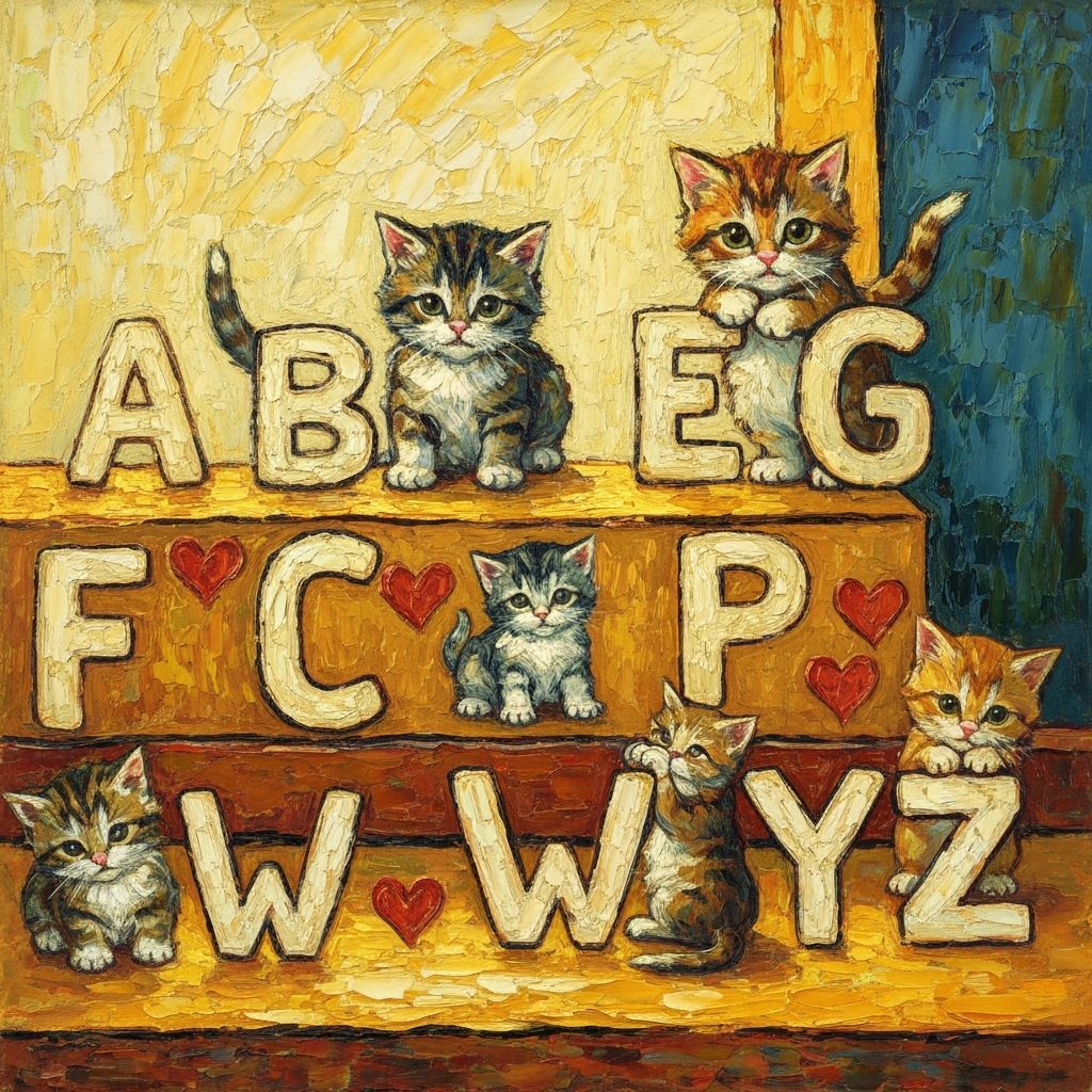 Kittens Spell Alphabet in Van Gogh Impasto Style