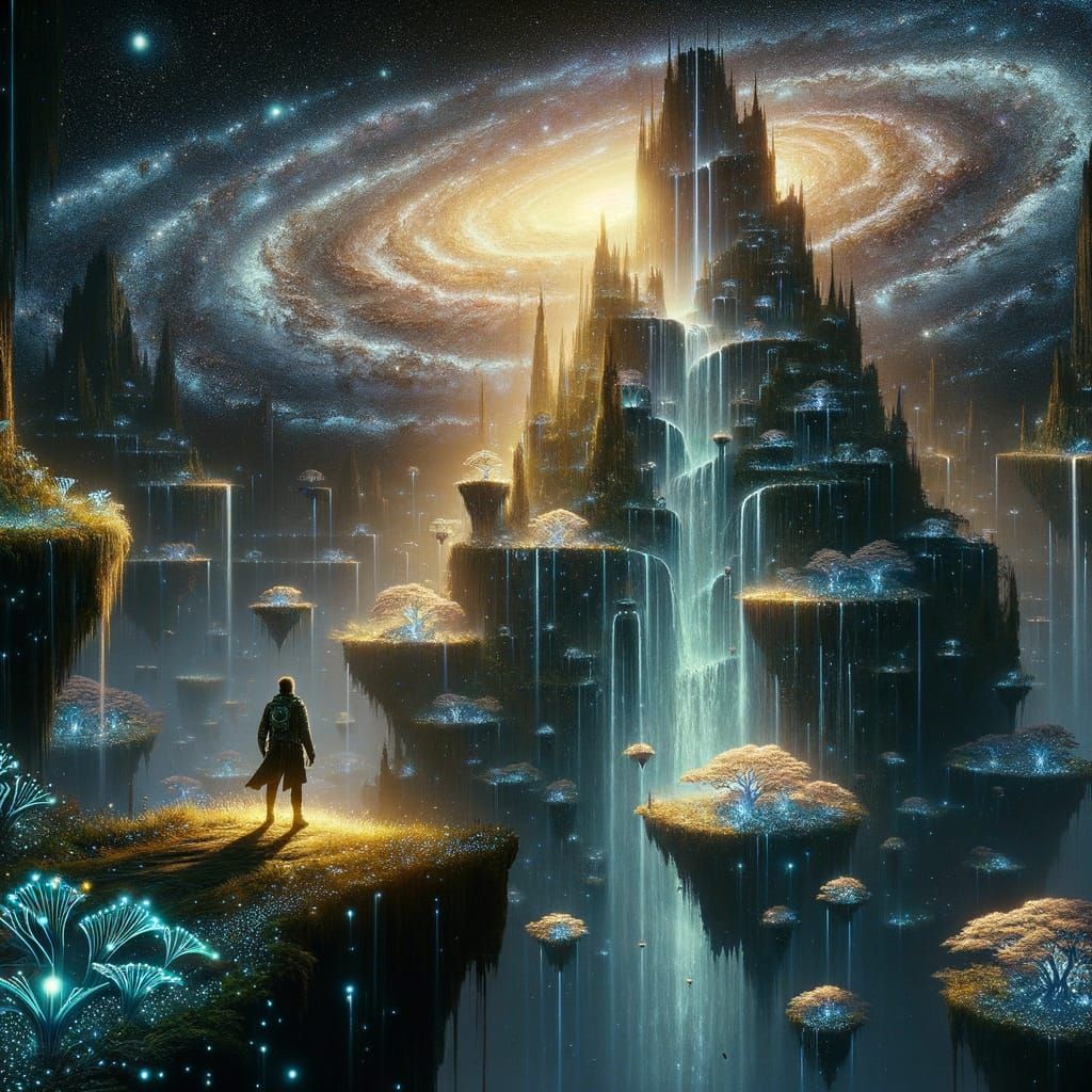 Explorer at Luminescent Waterfall in Cosmic Abyss