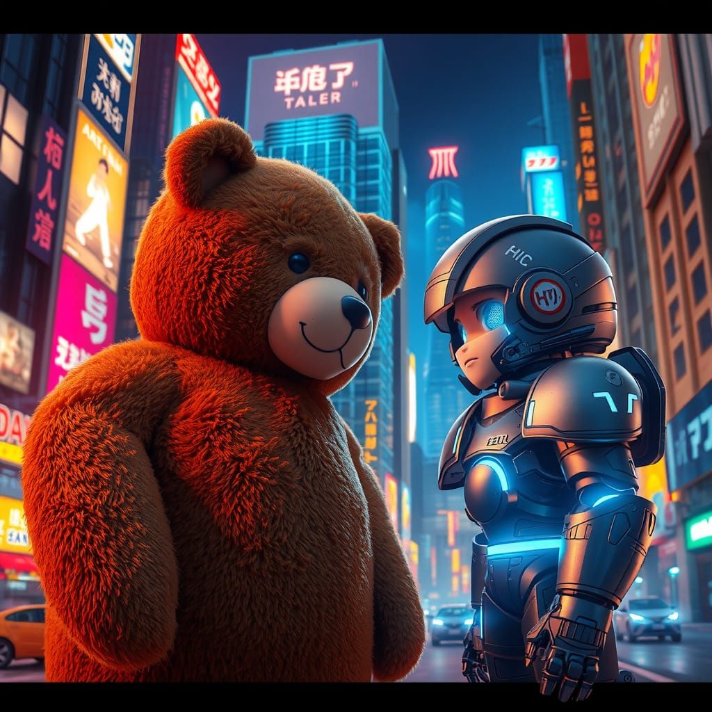 Giant Teddy Bear Meets Mecha Child in Anime City