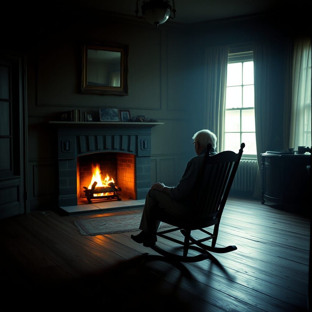 Contemplative Old Man in Desolate Room: Cinematic Film Still