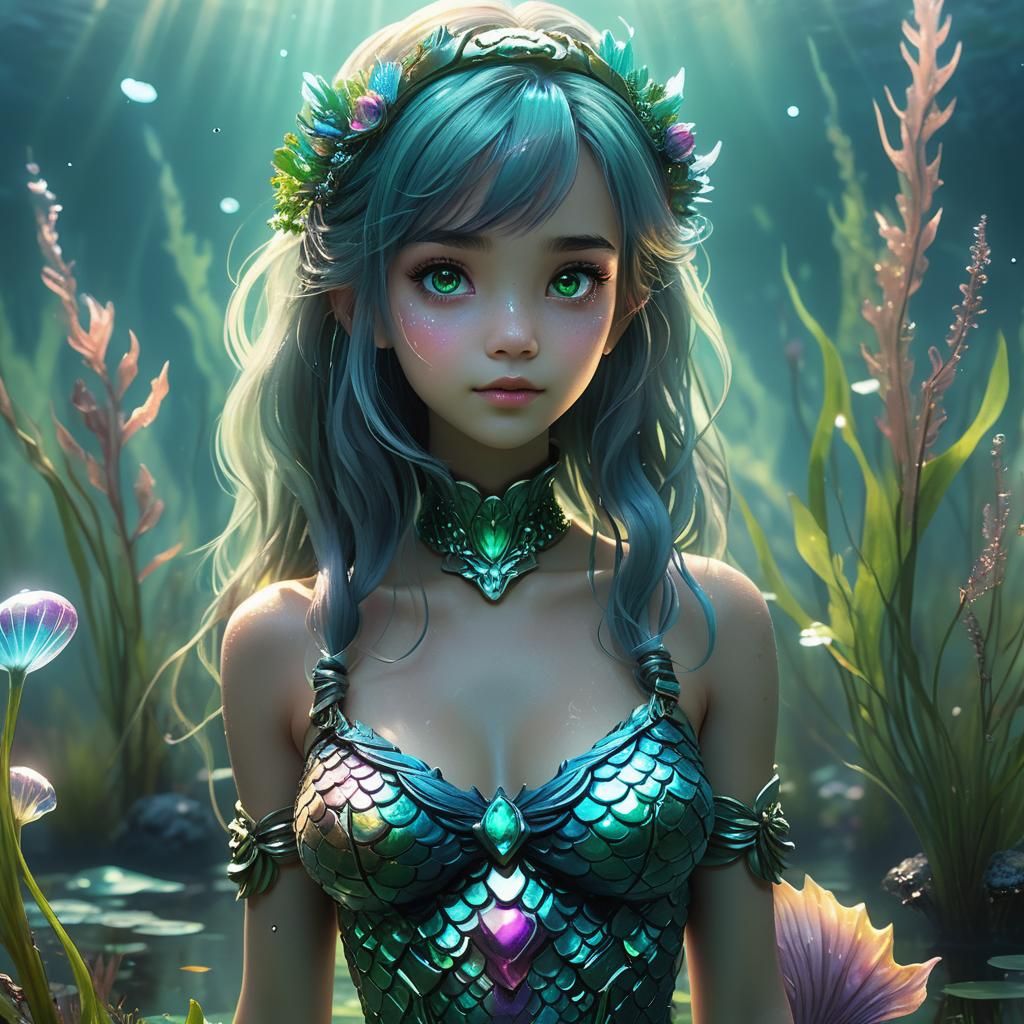 Bioluminescent Mermaid in Marshland: Auroracore Anime