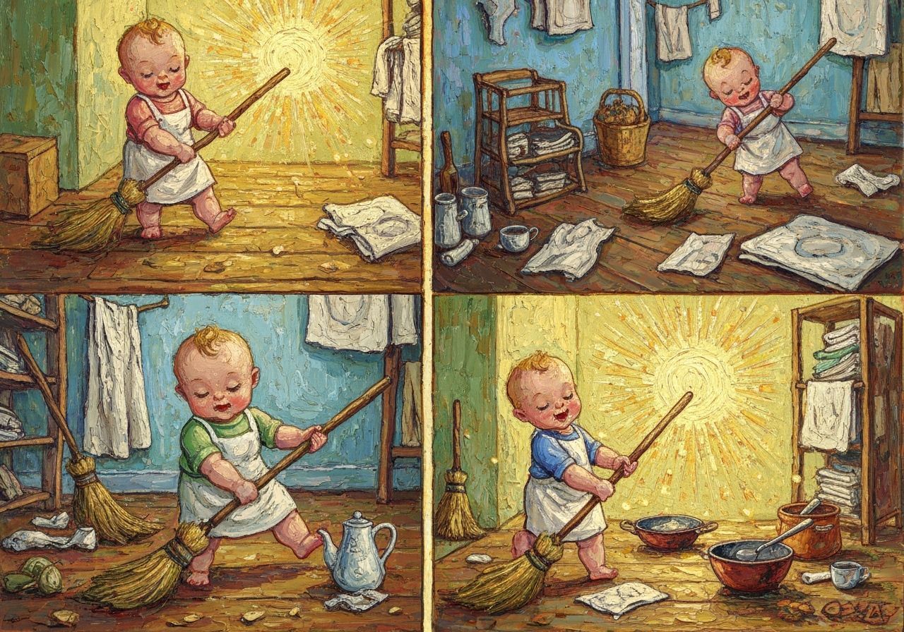 Whimsical Babies Transform Chores with Magic in Impasto Styl...