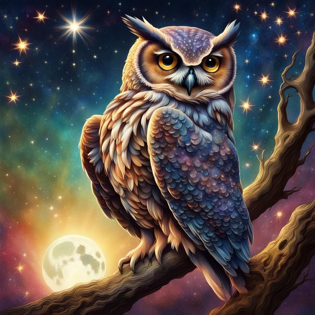 Jeweled Owl Under Starry Moon Illustration