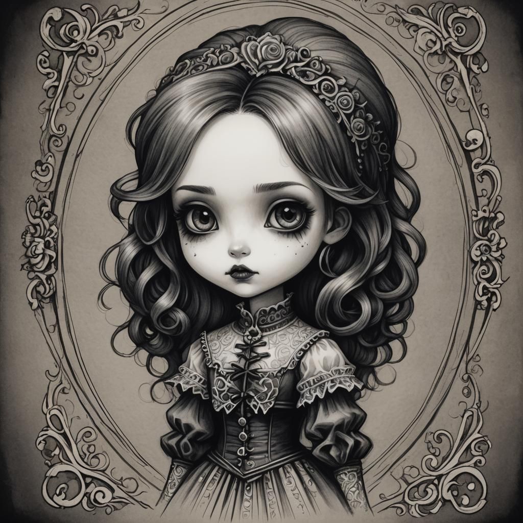 Gothic Baroque Chibi Girl in Charcoal Style