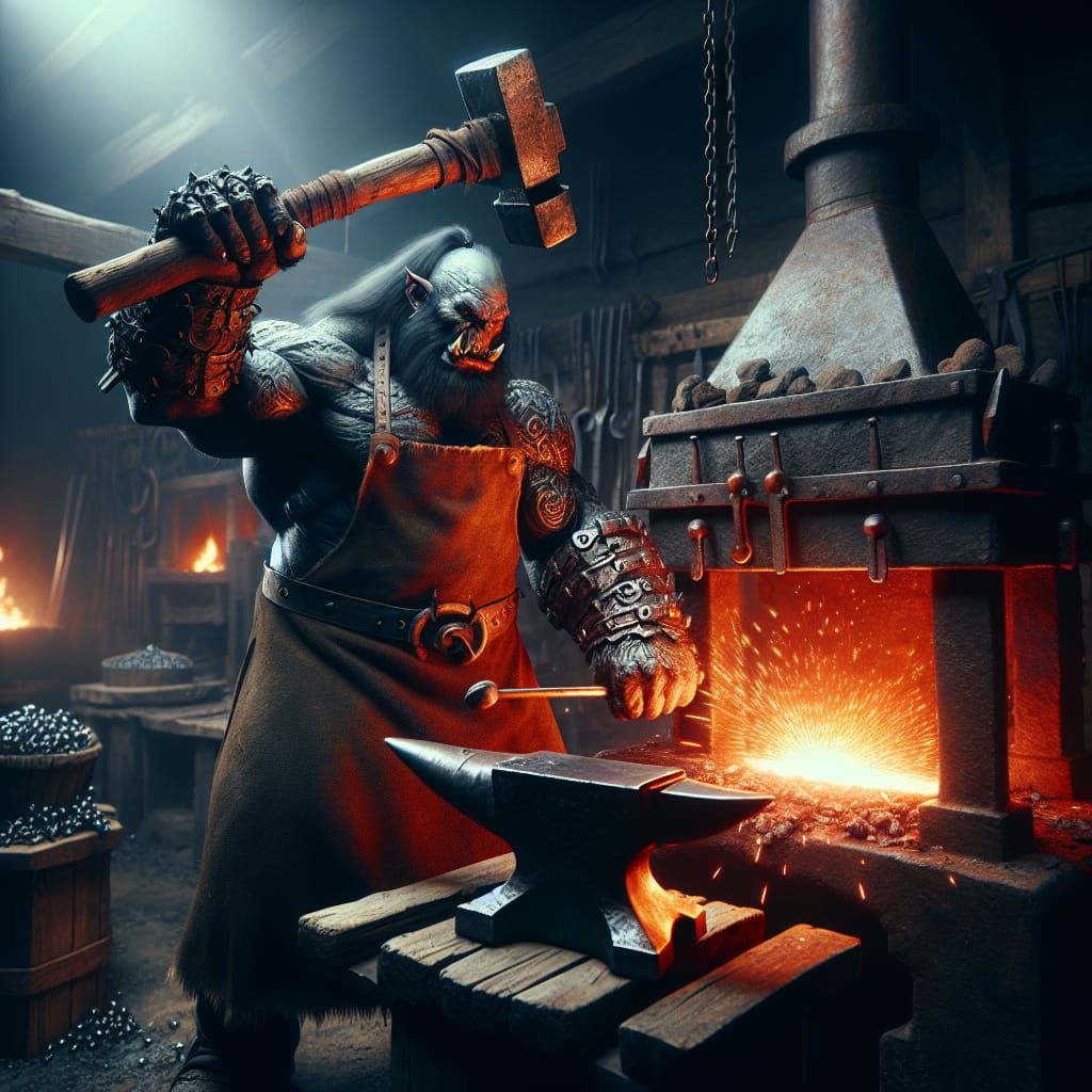 Hyperrealistic Orc Blacksmith in Medieval Forge