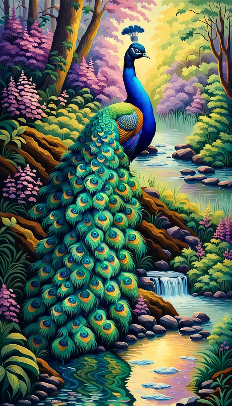 Impressionist Family of Peacocks in Amazonian Forest