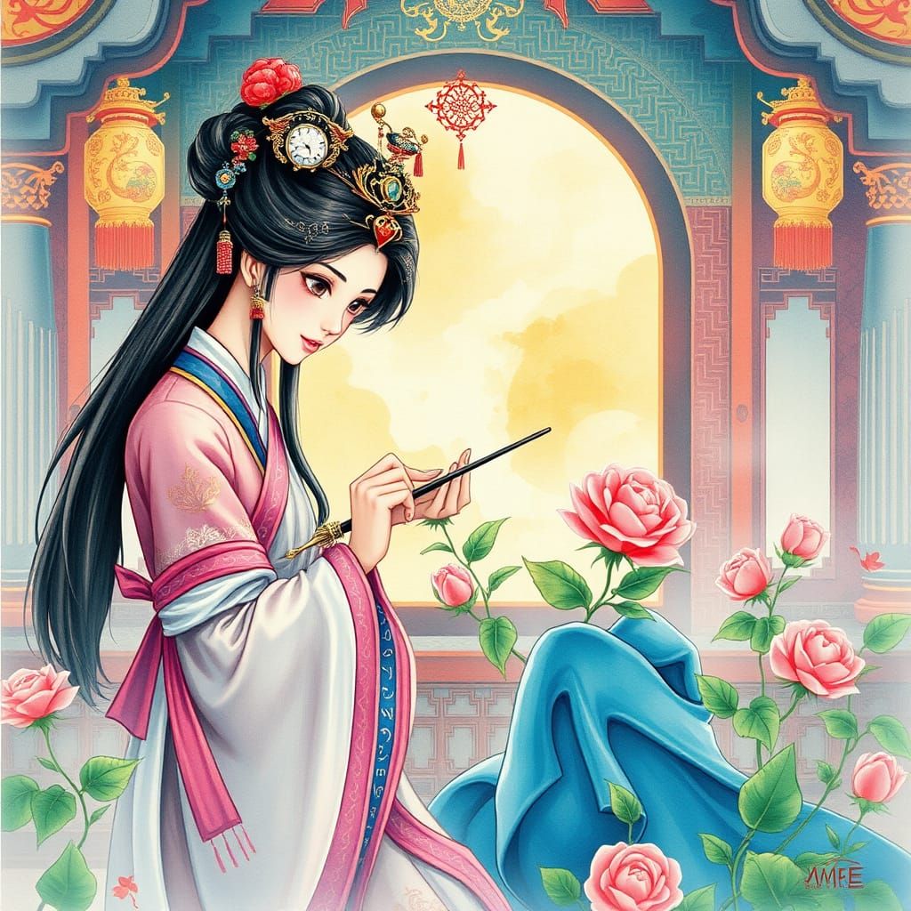 Qin Dynasty Princess Cutting Flower in Palace