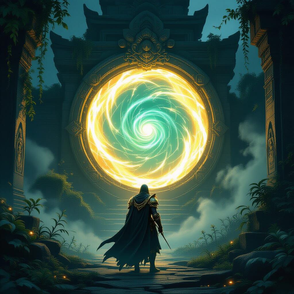 Knight Before Mystical Portal in Overgrown Temple