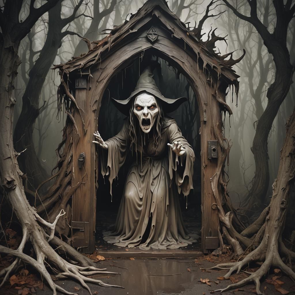 Surreal Witch Emerges from Misty Doorway