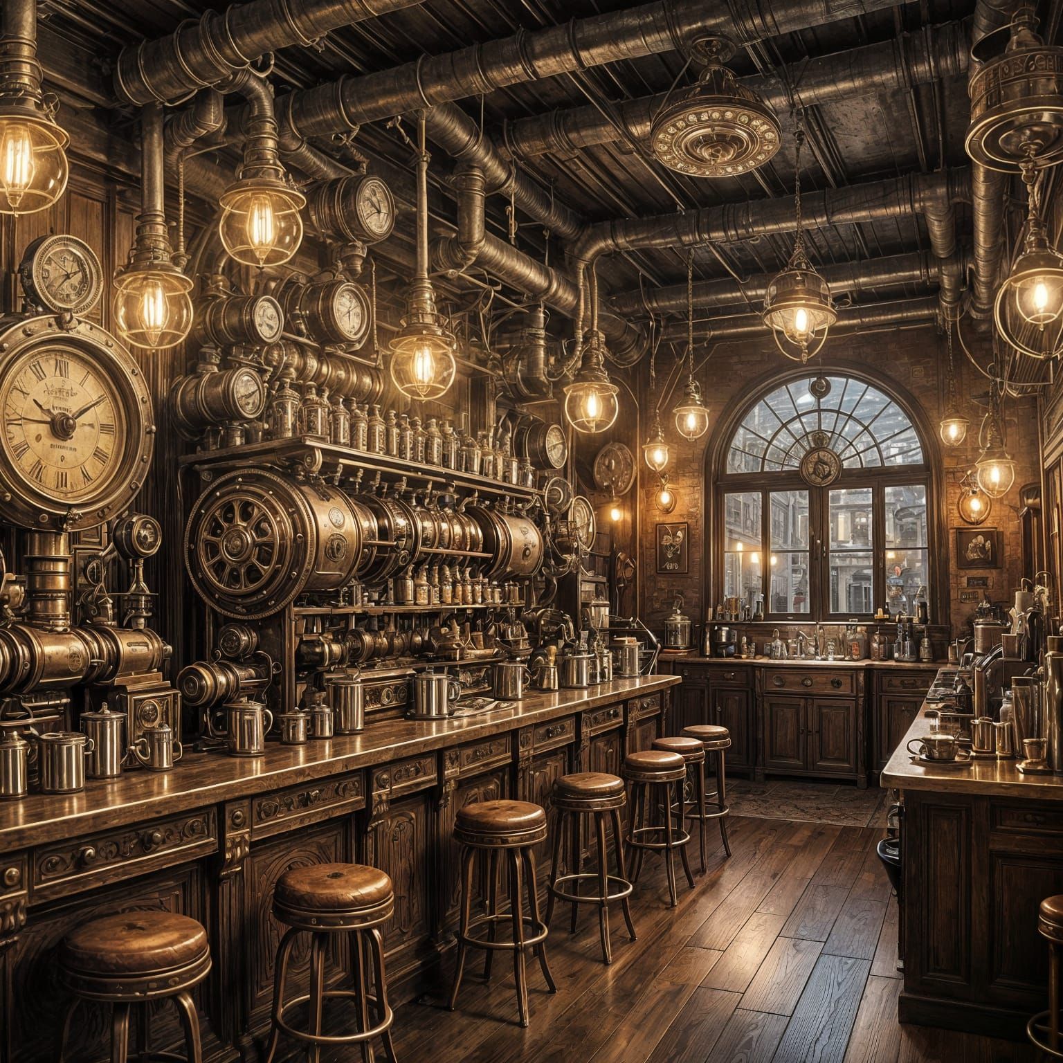 Steampunk Coffeehouse With Clockwork Machines and Rune Steam