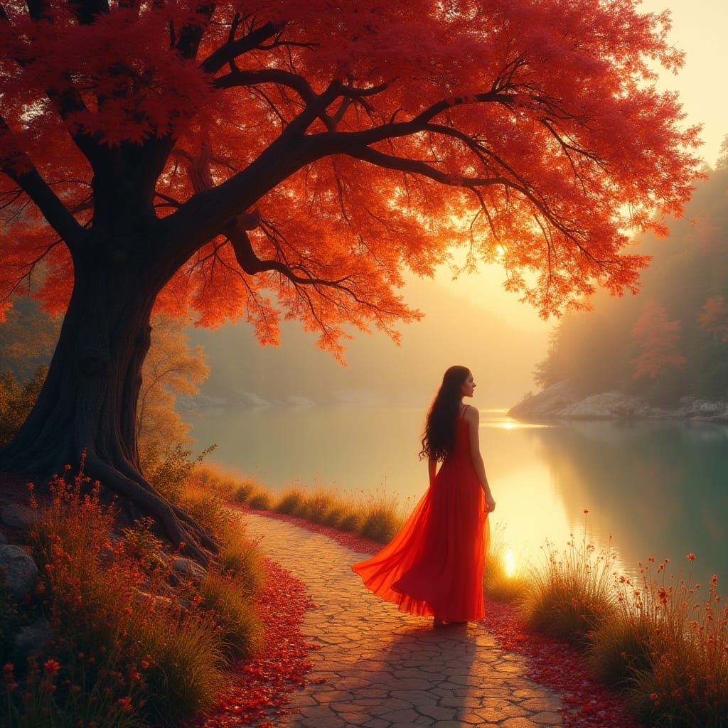 Woman in Ruby Dress Walks Path to Jewel Tree