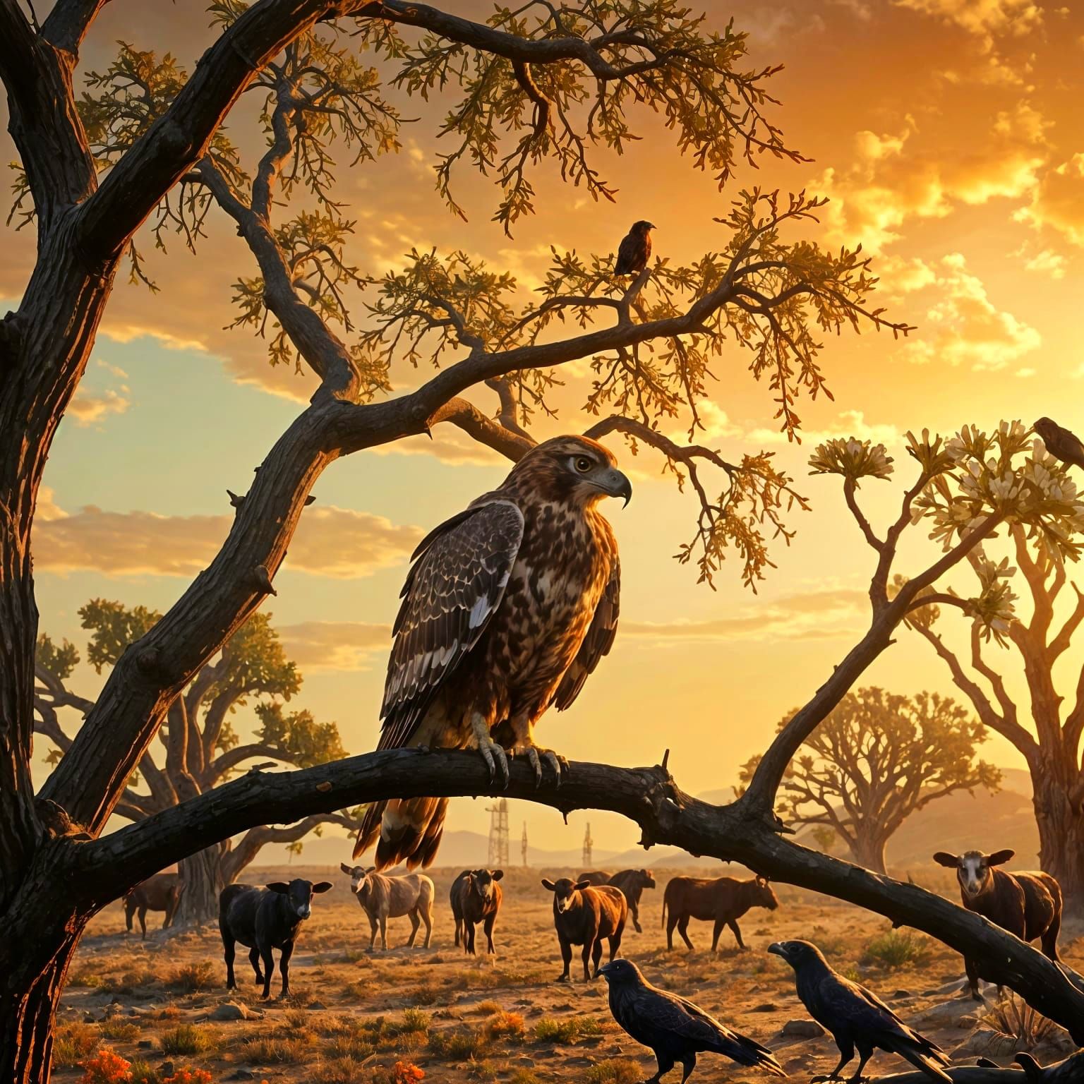 Surreal Desert Landscape with Birds and Flowers