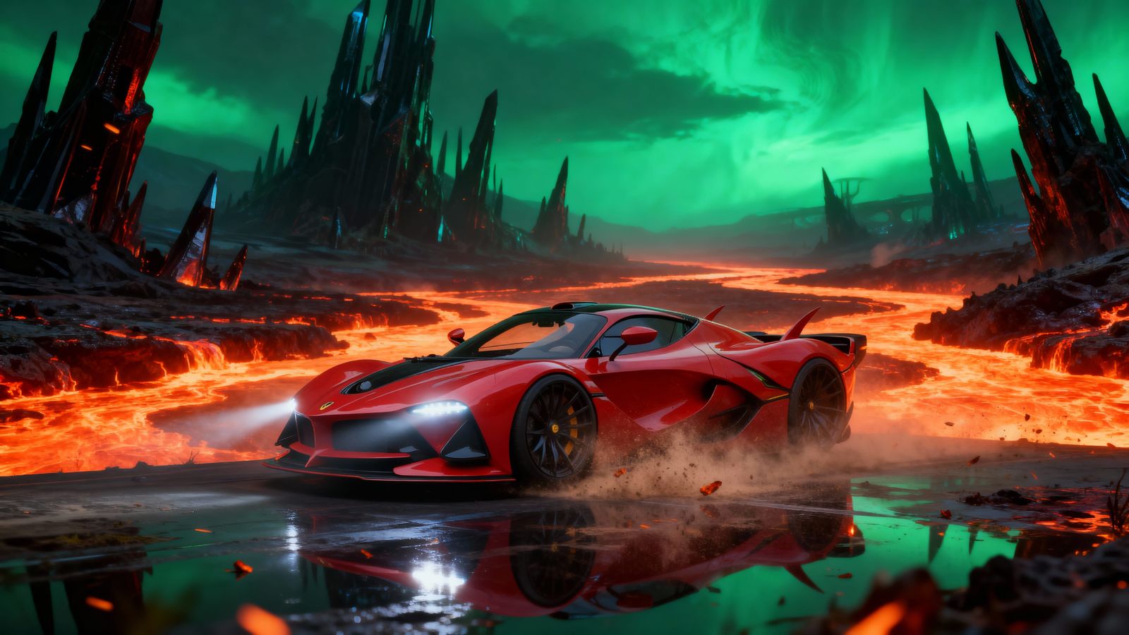 Crimson Ferrari Races Through Futuristic Hellscape