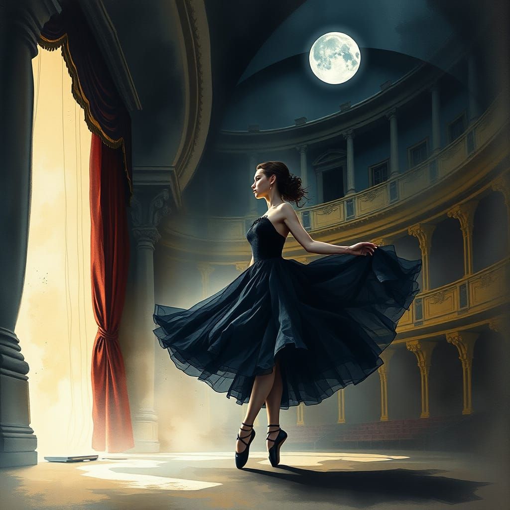 Ethereal Gothic Ballerina in Moonlit Theatre