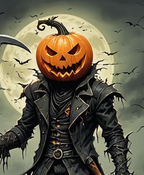 Sinister Dark Fantasy Pumpkin Person with Scythe
