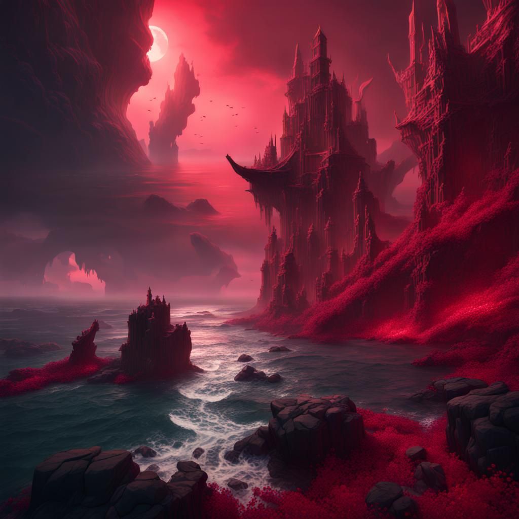 Fantastical Sea of Ruby Absence: Detailed Matte Painting