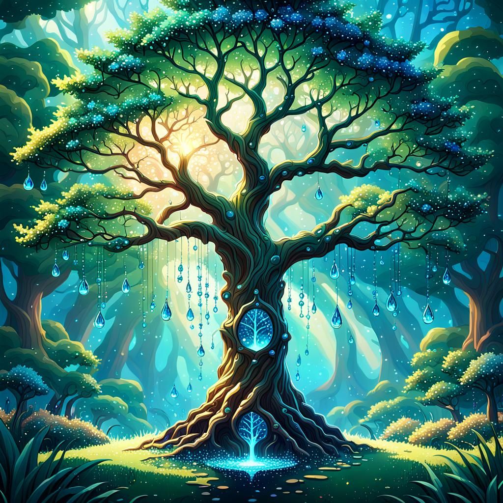 Fantasy Tree with Sparkling Gems in Pixel Art