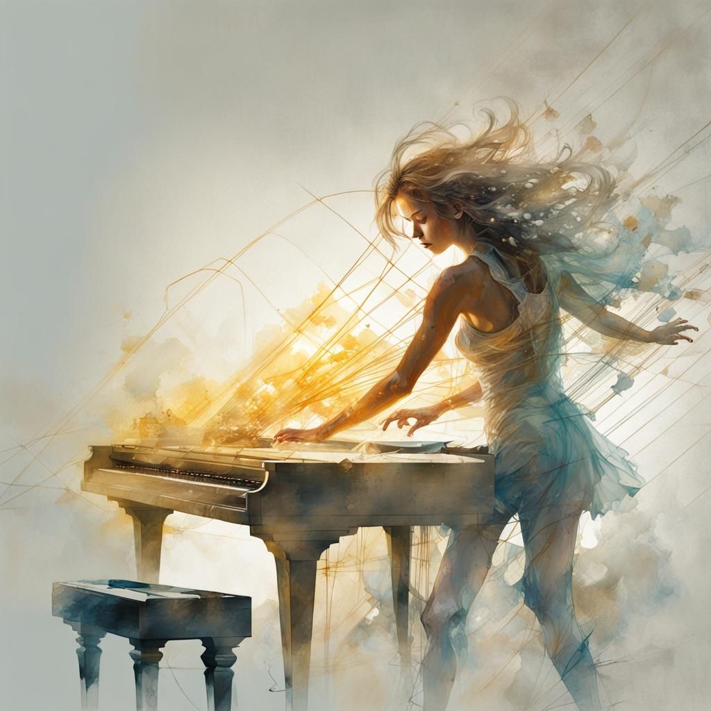 Electric Pianist Dancer in Stylized Watercolor Art