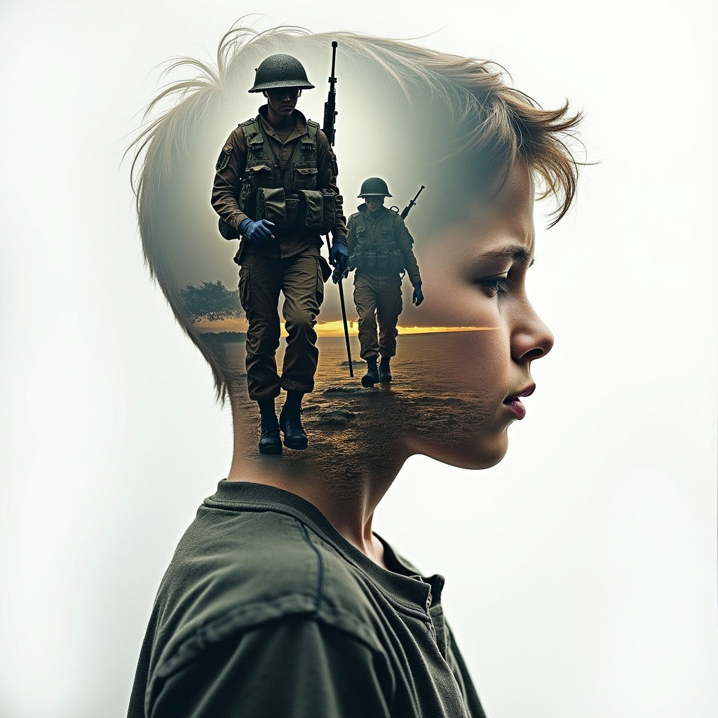 Heroic Soldiers Reflected in Boy's Profile