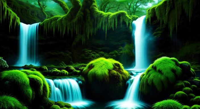 green kirin standing in waterfall with mossy rocks