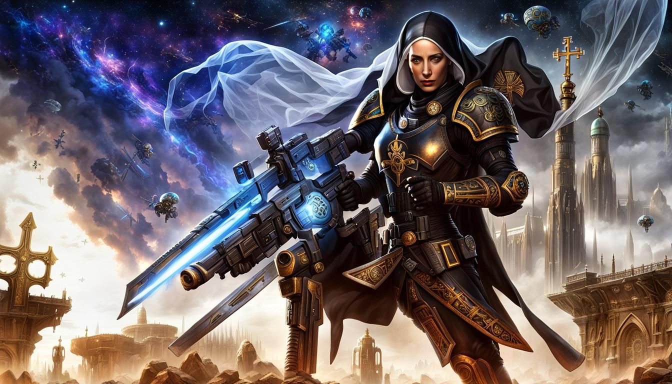Futuristic Soldier Nun in Warhammer 40k Style