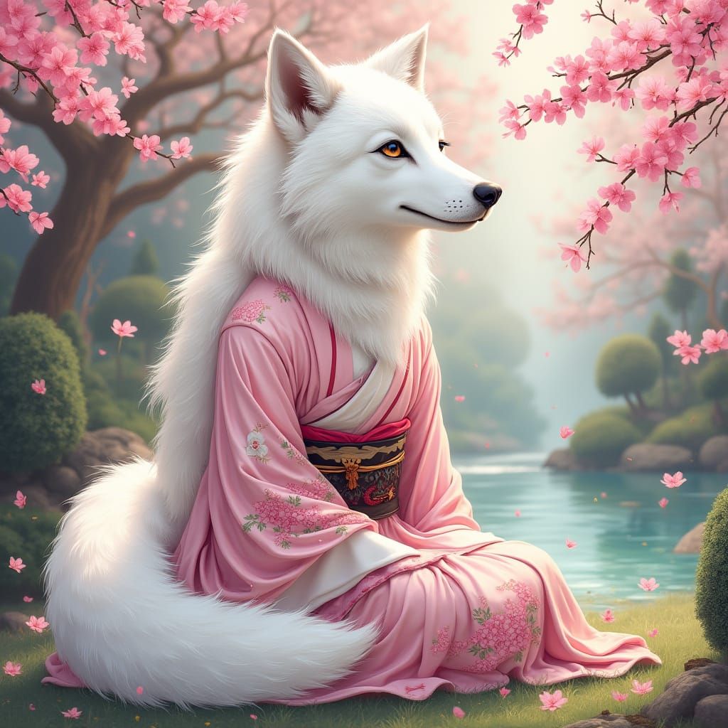 Pastel Kimono Wolf VTuber in Japanese Garden