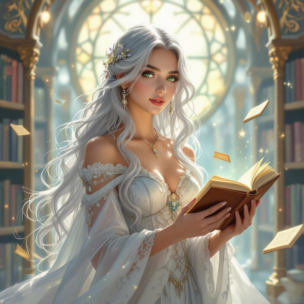 Ethereal Librarian Curates Floating Books in Nouveau Style