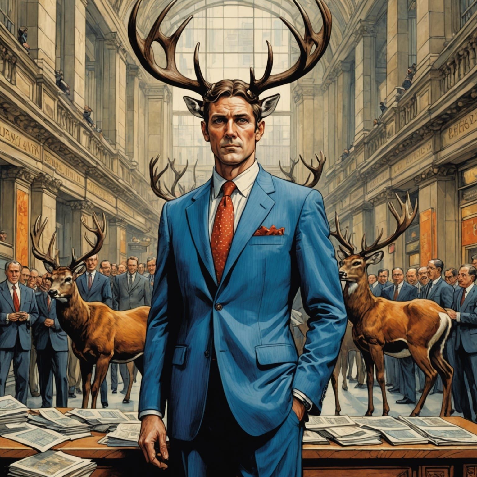 Deer Businessman on Wall Street in Comic Book Style