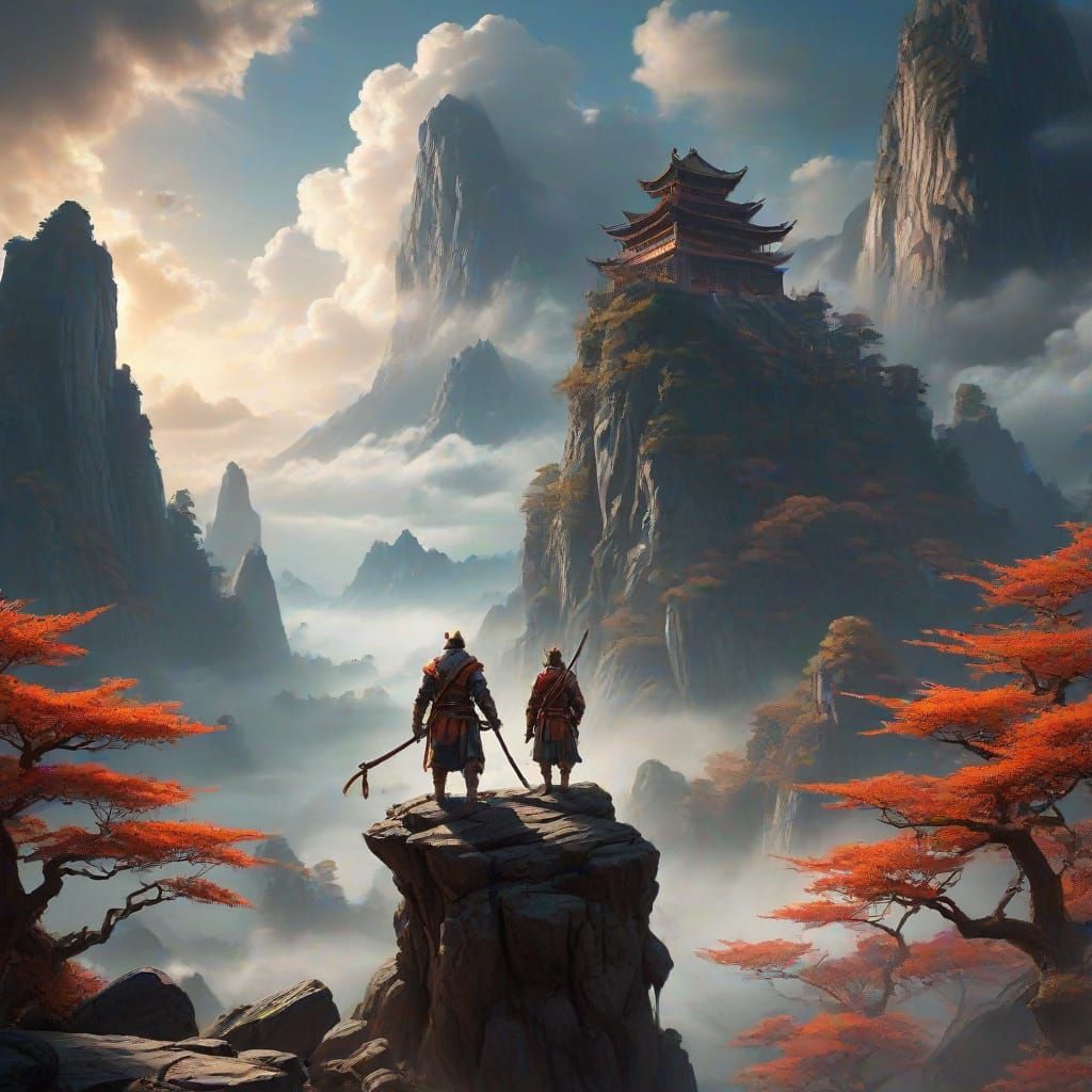 Ethereal Sun Wukong Soars Amidst Majestic Clouds on a Mounta...