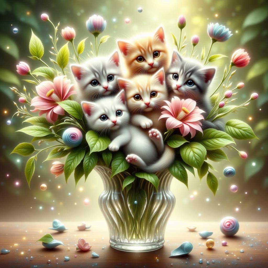 Whimsical Crystal Vase Overflows with Playful Kittens in a W...
