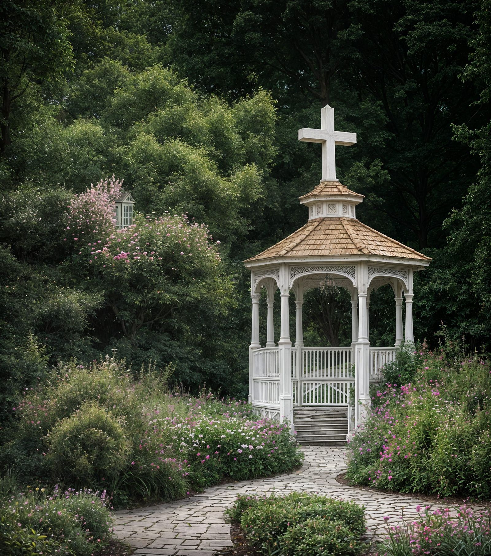 White Gazebo with Cross in Hyperrealistic Garden