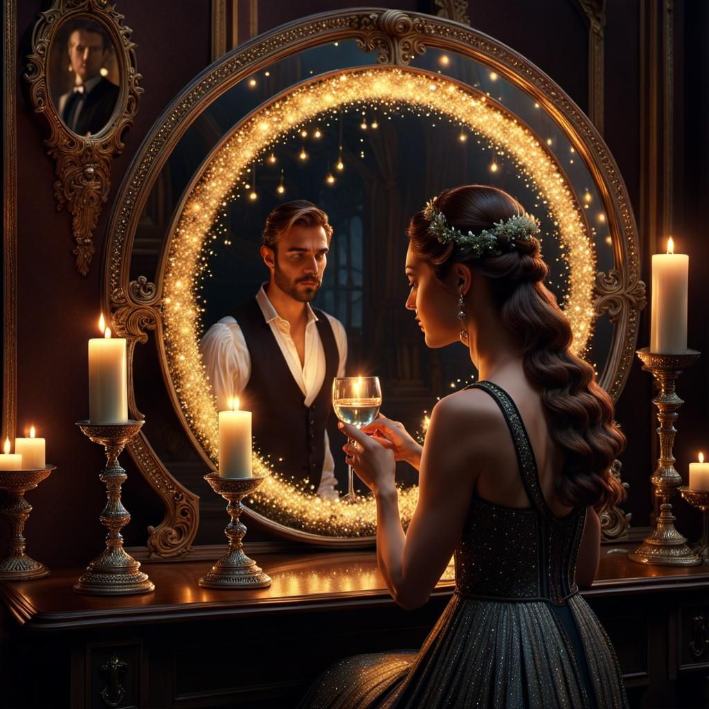 Divination Ritual: Girl, Mirror, and Fireflies