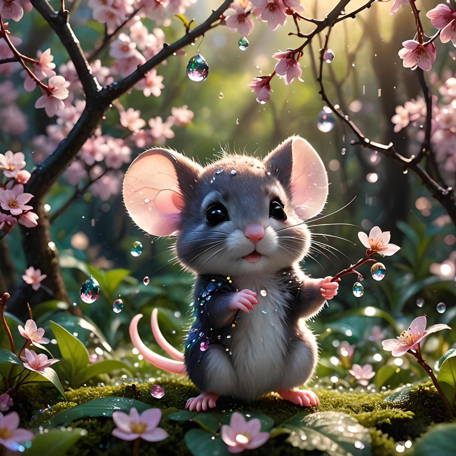 Chibi Mouse in Dewdrop Fantasy Garden