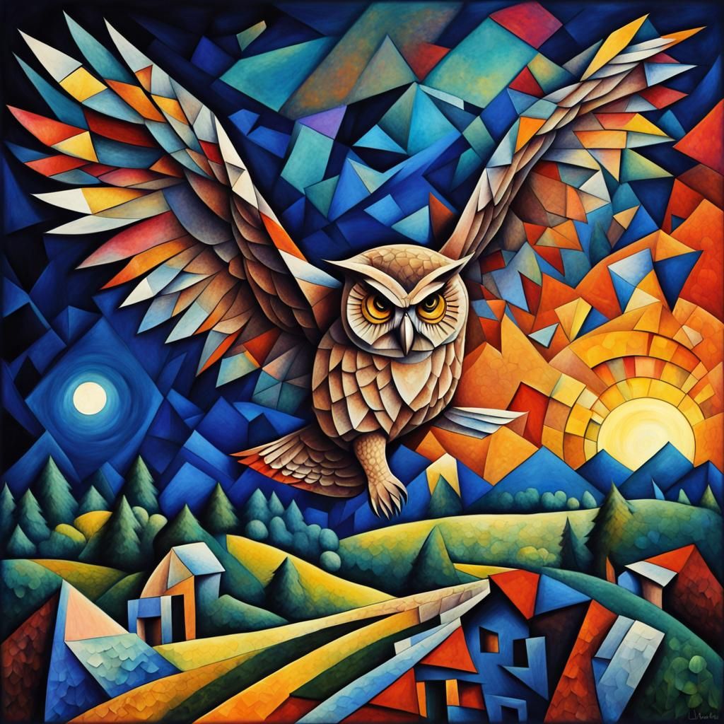 Cubist Owl in Flight at Midnight