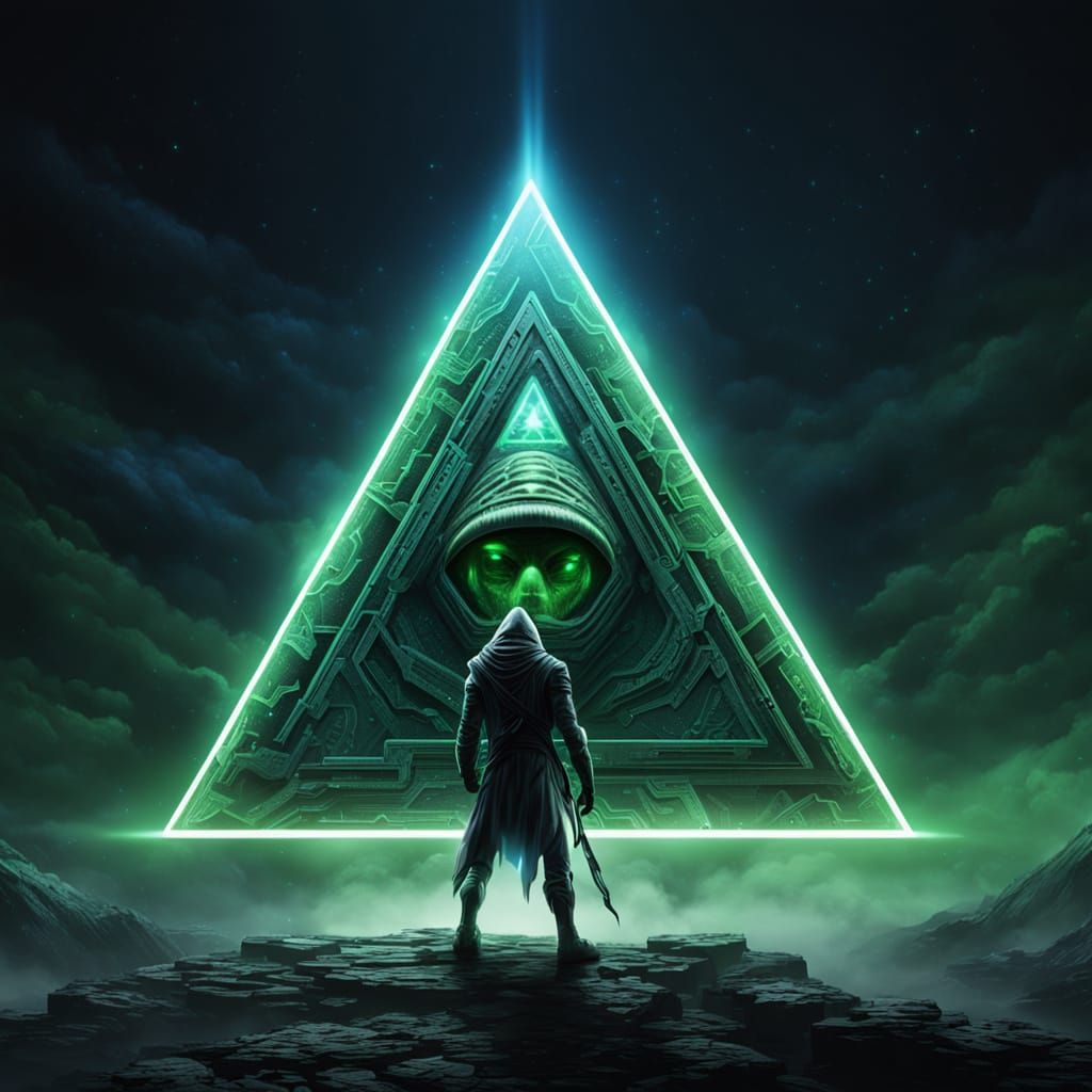Alien Holds Glowing Triangle in Eerie Cybernetic Fog