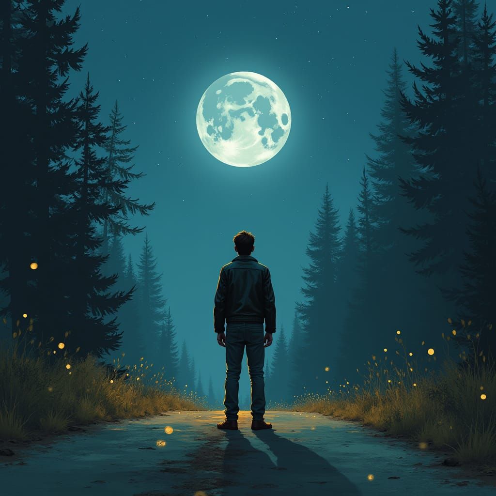 Traveler on Moonlit Road in Dreamlike Illustration
