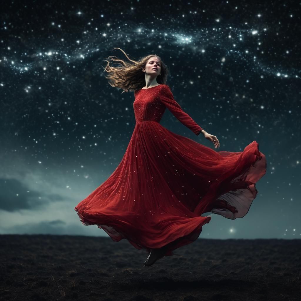 Ethereal Woman Levitating Under Starry Sky