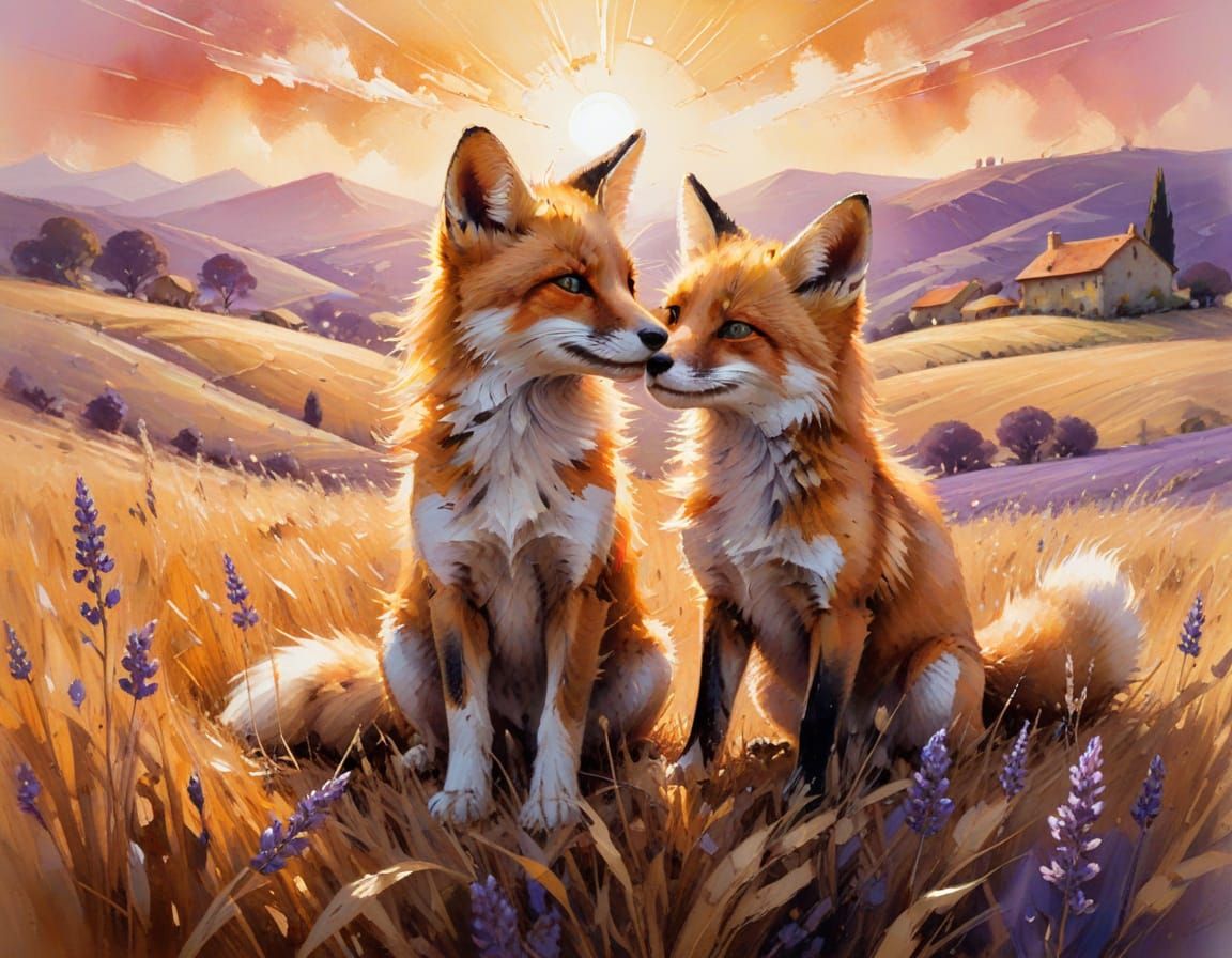 Foxes Playing in Wheatfield at Sunset, Neo-Impressionist Sty...