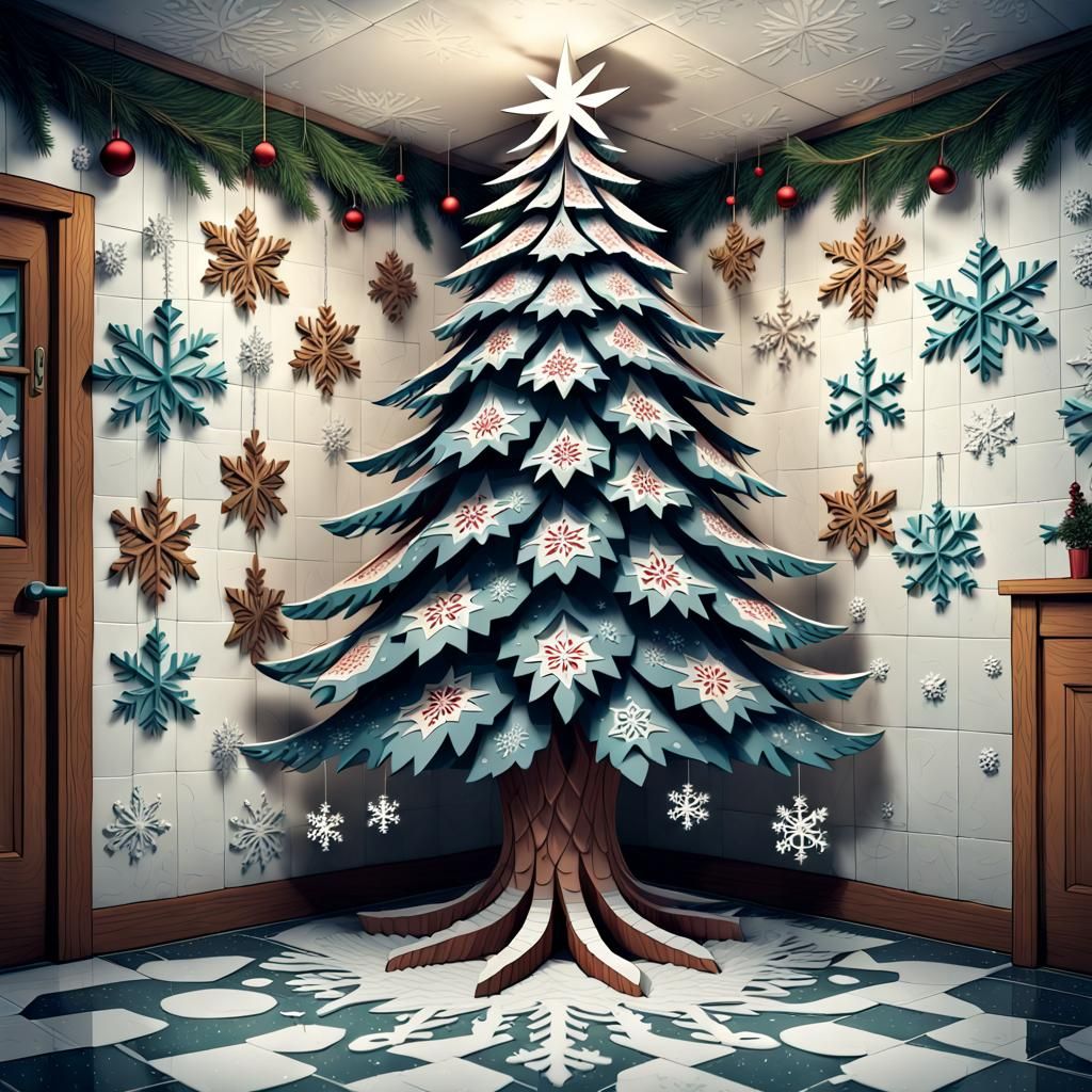 Festive Christmas Tree in Papercut Illustration Style